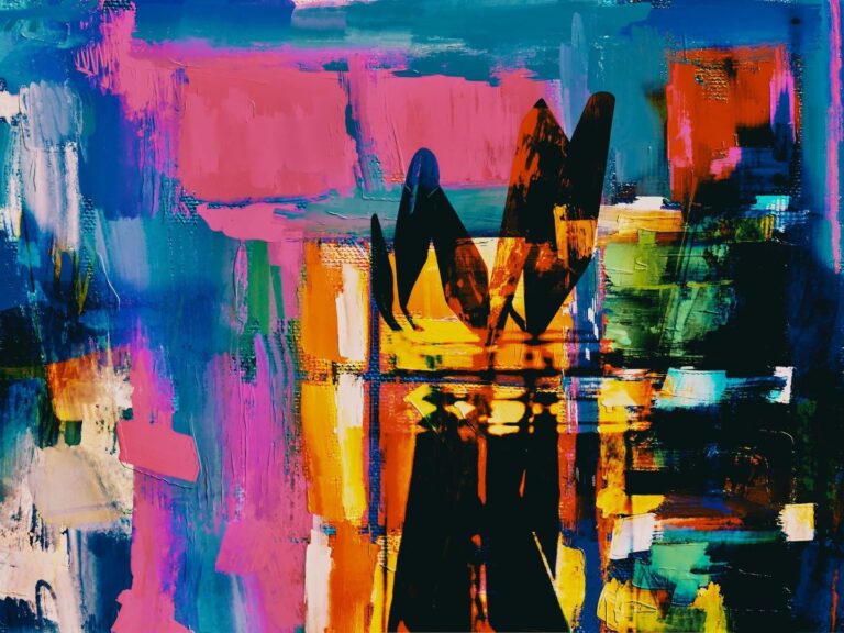 Abstraktes Gemälde mit kräftigen Blau-, Pink-, Orange- und Schwarztönen